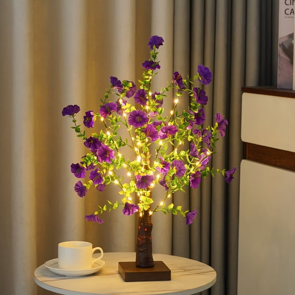 Artificial Flower Tree Lamp, Purple Morning Glory LED Brown Trunk Decorative Light, Indoor Nightstand Display for Holiday Party Living Room Purple