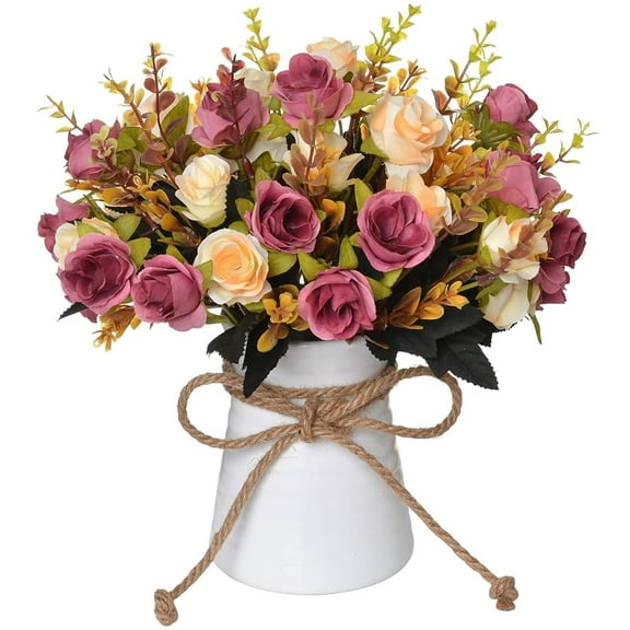 Artificial Flower in Vase,Ceramics Vase with Silk Flower Arrangements Table Centerpieces Wedding Flower Bouquets for Office Meeting Room Home Décor Decoration(Blue)