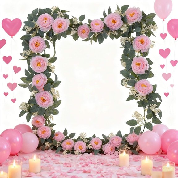 Artificial Flower Vine Garland,Long Heart-Shaped Balloon Wreath Party Decorations with Roses for Valentine's Day Birthday Wedding Anniversaries,Romantic Wall Table Mantel Home Decor Accent-Pink