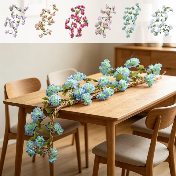 Artificial Flower Vine,Long Length Simulated Cherry Blossom Greenery Garland for Ceiling Air Pipe Wrapping,Indoor Wedding Scene Layout and Living Space Home Wall Ornament(Blue)