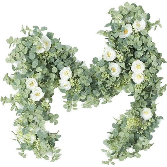 Artificial Flower Vines Eucalyptus Garland with 8 Camellias 6.8ft Silk Rose Vine Decorations Hanging Faux Leaves Floral Greenery for Wedding Backdrop Wall Decor Garden Home Office Party