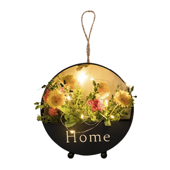 Artificial Flower Wall Decor, LED Lighted Metal Hanging Planter, Home Sign Wall Art For Bedroom Bathroom Living Room Kitchen, Vintage Circular Design With Jute Rope by Mlaxguo