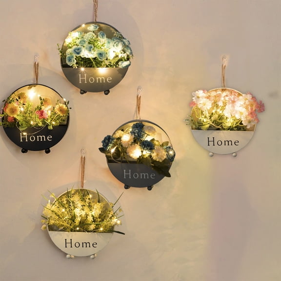 Artificial Flower Wall Decor with LED Lights,8.1 Inch Metal Hanging Planter with Home Sign,Wall Art for Bathroom Bedroom Living Room Kitchen,Warm Ambiance