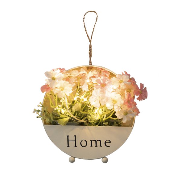 Artificial Flower Wall Decor with LED String Lights, Metal Hanging Planter with Home Sign, Vintage Wall Art for Living Room, Bedroom, Bathroom, Kitchen
