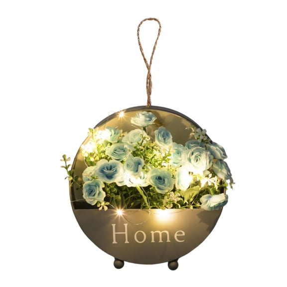 Artificial Flower Wall Decor with LED Lights - Metal Hanging Planter for Living Room, Bedroom, Bathroom