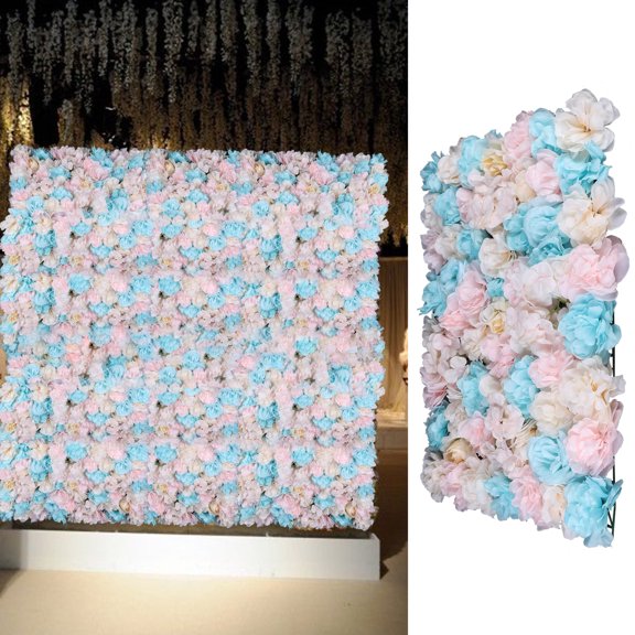 Artificial Flower Wall Panel Set, 12-Piece 23.62x15.74in, Blue Pink Silk Hydrangeas and Roses for Event Backdrop