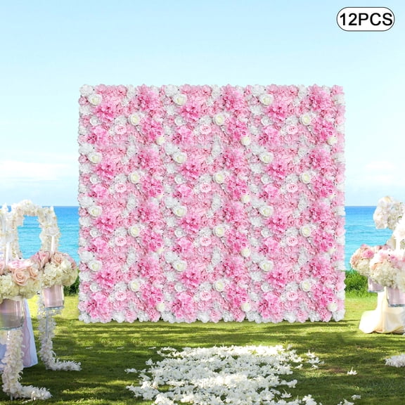 Artificial Flower Wall Panels, 12-Pack, 60x40cm, Silk & Plastic, Pink & White, Handmade, Realistic Dahlia, Rose, Hydrangea, Hollow Grid Backing, Easy to DIY, Ideal for Outdoor Fences