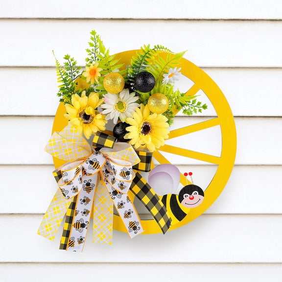 Artificial Flower with Wheel Hanging Resistant Fake Flowers Decoration bee wheels wreaths with bowknot Decor for party,Home Decors Outdoor Door,Porch,Garden,Patio