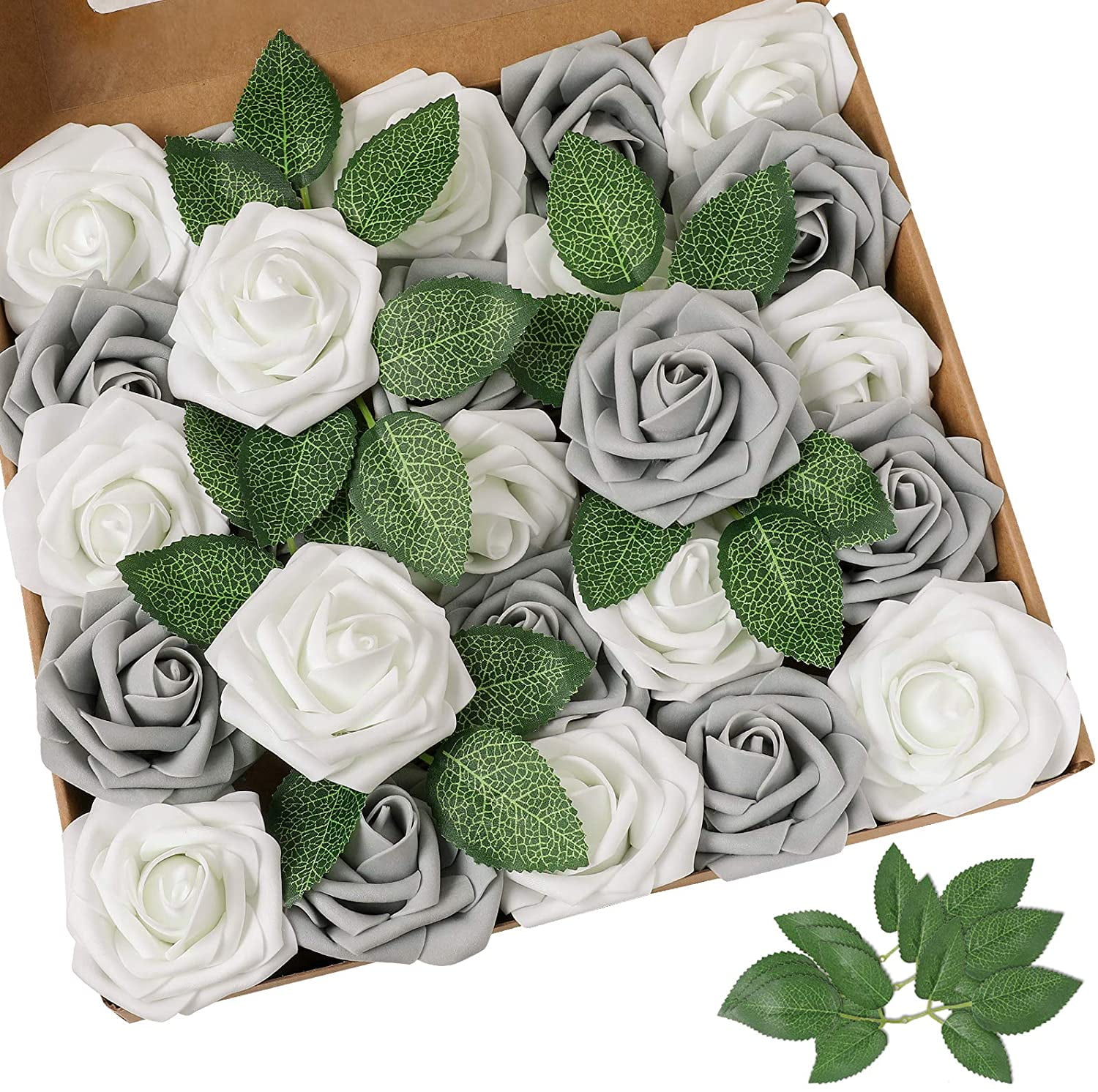 Artificial Flower White Grey Rose 25pcs Real Looking Fake Roses w/Stem ...
