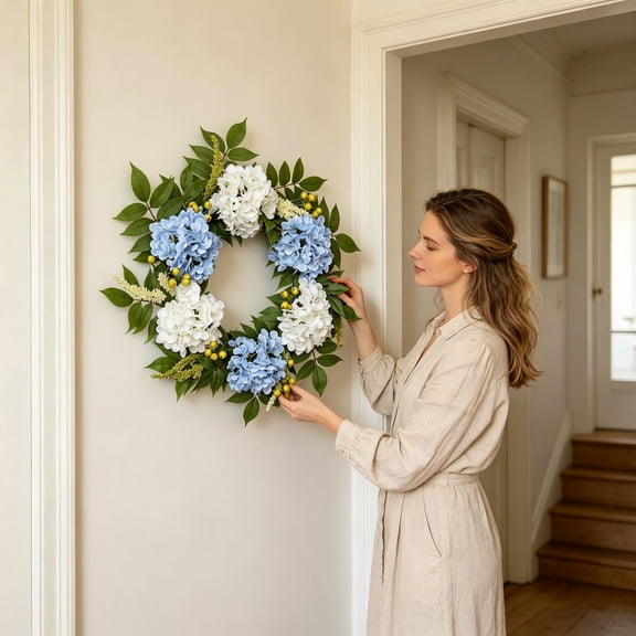 Artificial Flower Wreath Blue and White Hydrangea Wreath Summer Floral Door Hanging Full Greenery Garland for Front Porch and Indoor Outdoor Decor