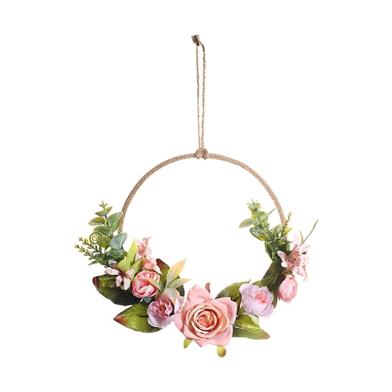 Artificial Flower Wreath for Front Door Floral Hoop Wreath Decor with Wood Beads Flowers Green Berries Leaves Spring Summer Home Decor Wall Window Wedding Party Hanging Decorations