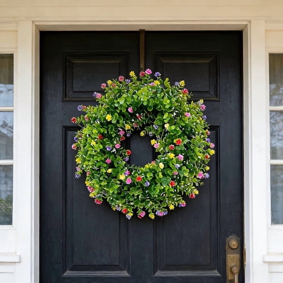 Artificial Flower Wreath for Front Door - Spring Summer Greenery Garland - Buttercup Floral Decor for Home Entryway - 18 Inch Round Simulation Dried Flower Wreath - Wall Hanging Decoration