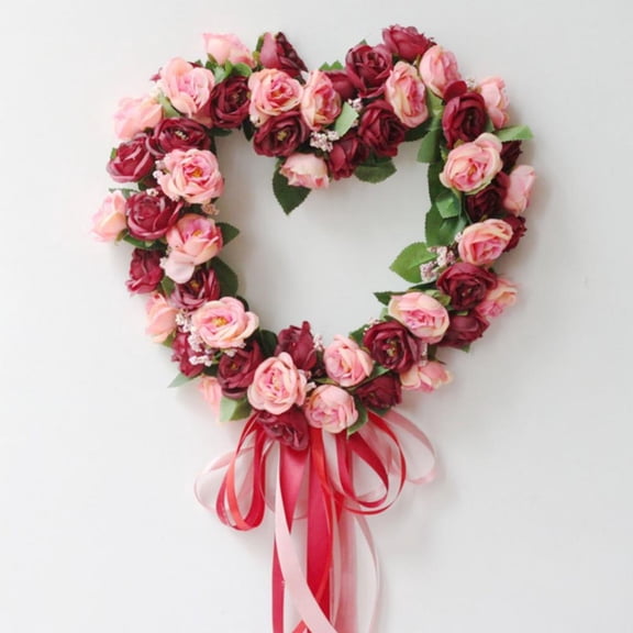 Artificial Flower Wreath Heart Shaped Floral Wreath,Valentines Day Wreath,for Front Door Realistic Lifelike Indoor Outdoor Bright Color for Wedding Valentines Day Easter Wreath
