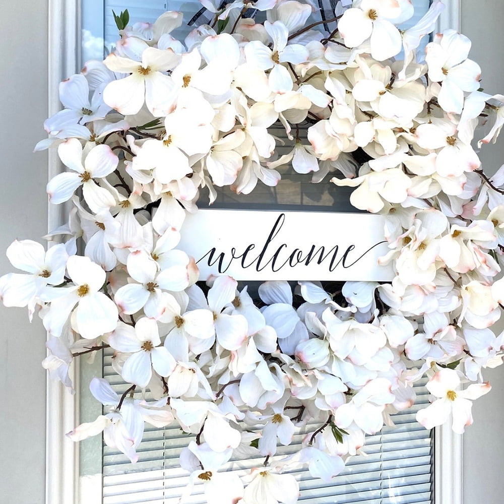 Artificial Flower Wreath, White Dogwood Hanging Wreath Welcome WreathKitchen Cabinet Wreathfor Easter Front Door Home Wall Porch Patio Garden Decor