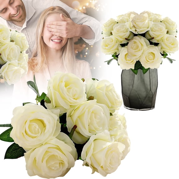 Artificial Flowers,1 Bundle 9Pcs Dark Red Roses Flowers Real Looking Fake Roses Artificial Roses Decoration Celebration DIY for Wedding Arrangements Party Christmas Tree Home Decorations White