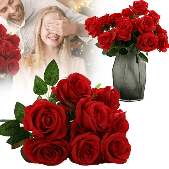 Artificial Flowers,1 Bundle 9Pcs Dark Red Roses Flowers Real Looking Fake Roses Artificial Roses Decoration Celebration DIY for Wedding Arrangements Party Christmas Tree Home Decorations Red