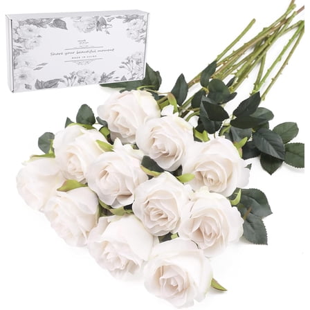 Artificial Flowers 10 PCS Silk Roses with Long Stems Faux Realistic Roses for Wedding Bouquets Table Centerpieces Party Home Decor(Champagne) A