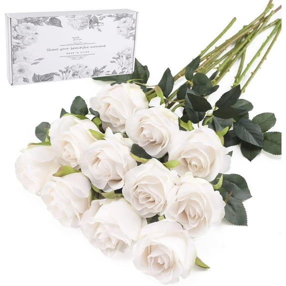 Artificial Flowers 10 PCS Silk Roses with Long Stems Faux Realistic Roses for Wedding Bouquets Table Centerpieces Party Home Decor(Champagne) A