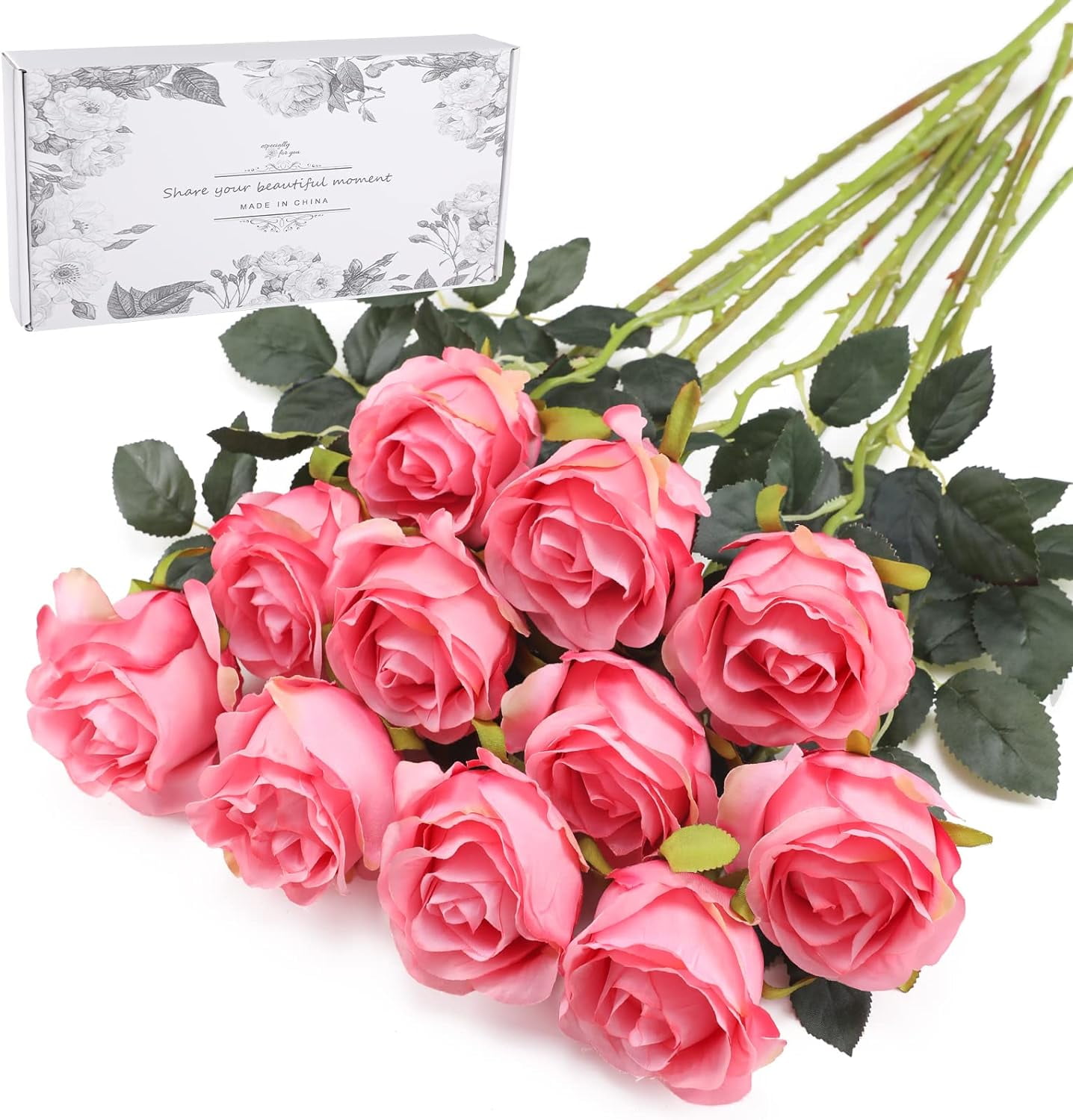 Artificial Flowers 10 PCS Silk Roses with Long Stems Faux Realistic ...