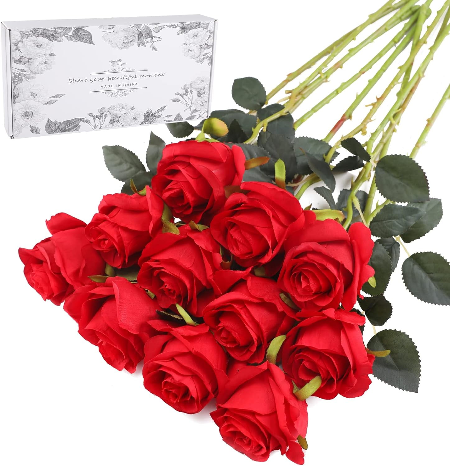 Artificial Flowers 10 PCS Silk Roses with Long Stems Faux Realistic