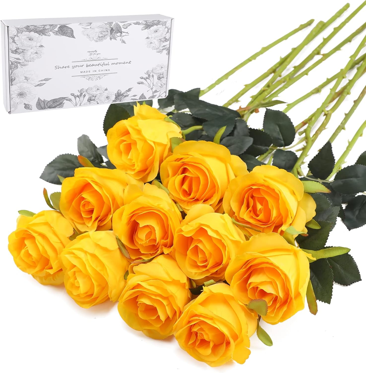 Artificial Flowers 10 PCS Silk Roses with Long Stems Faux Realistic