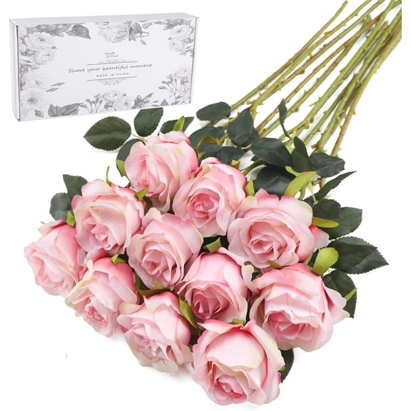 Artificial Flowers 10 PCS Silk Roses with Long Stems Faux Realistic Roses for Wedding Bouquets Table Centerpieces Party Home Decor(Champagne)