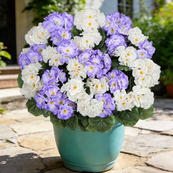 AcerichFad Artificial Flowers Outdoors, 8 Bundles 20" Fake Geraniums Silk Flowers Plants for Spring Summer Outdoor Indoor Garden Porch Yard Home Decor, White Blueviolet
