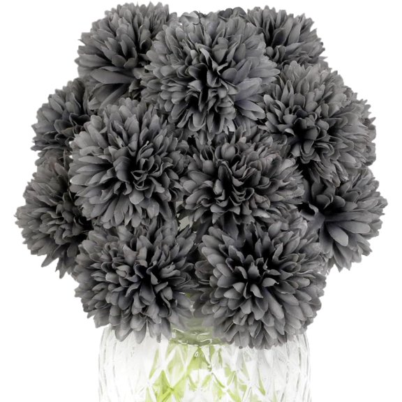 Artificial Flowers 10 Pcs Fake Silk Artificial Chrysanthemum Ball Hydrangea Bridal Wedding Bouquet for Kitchen Home Decor (Grey)