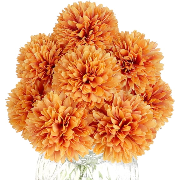 Artificial Flowers 10 Pcs Fake Silk Artificial Chrysanthemum Ball Hydrangea Bridal Wedding Bouquet for Kitchen Home Decor (Orange)