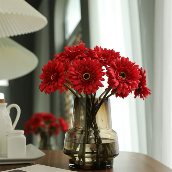 Artificial Flowers 10 Pcs Fake Silk Artificial Chrysanthemum Ball Hydrangea Bridal Wedding Bouquet for Kitchen Home Decor(Red)