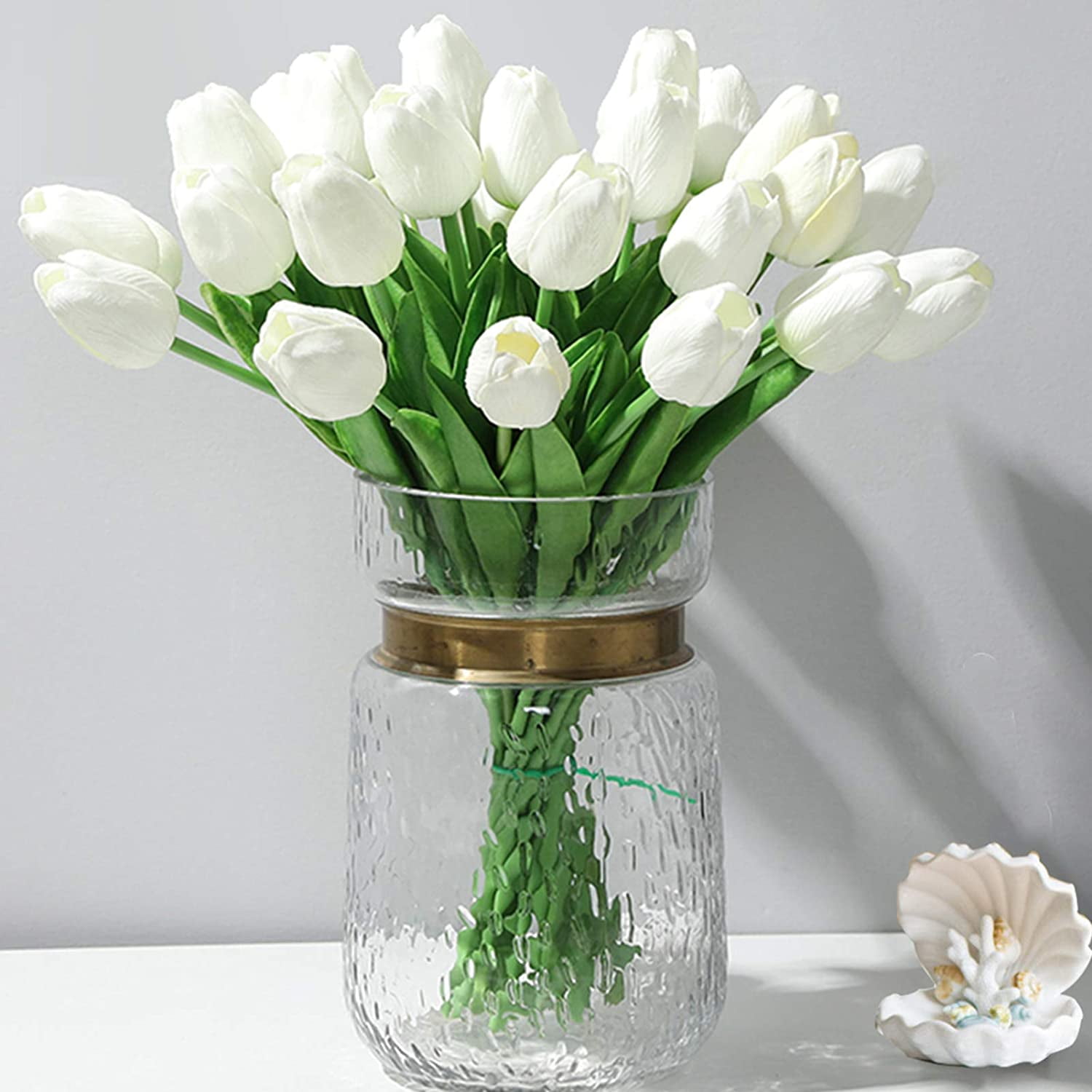 Artificial Flowers 10pcs Bouquet 14" Tall Real Touch Tulips, Pink PU Fake Tulips Flowers for Arrangement Wedding Party or Easter Spring Home Centerpiece Dining Room Office Table Decoration