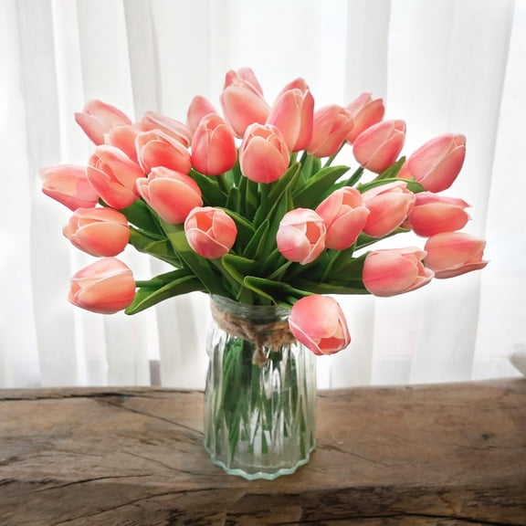 Artificial Flowers 10pcs Bouquet 14" Tall Real Touch Tulips, Pink PU Fake Tulips Flowers for Arrangement Wedding Party or Easter Spring Home Centerpiece Dining Room Office Table Decoration