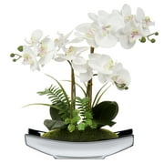 Artificial Flowers 15" White Orchid Flower Phalaenopsis Orchid in Silver Boat Shaped Vase Realistic Touch Faux Orchid Plant