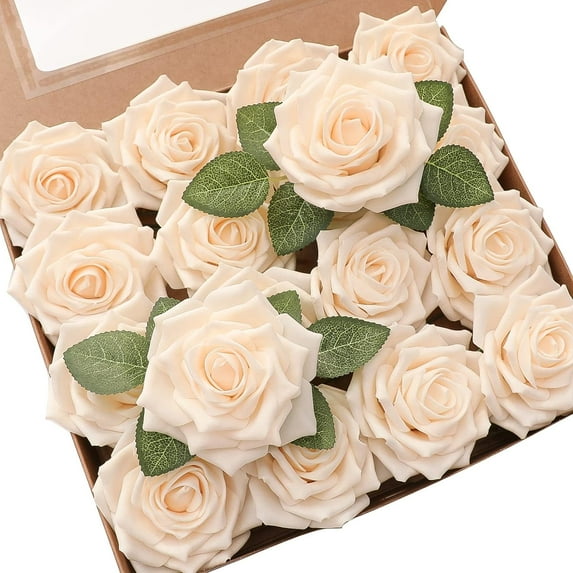 Artificial Flowers 16pcs 3.5" Real Looking Blush Foam Fake Hybrid Tea Roses with Stems for DIY Wedding Bouquets Pink Bridal Shower Centerpieces Floral Arrangements Party Tables Home Decoration