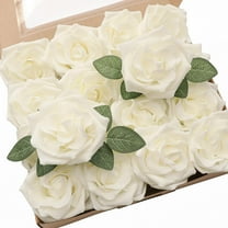 Artificial Flowers 16pcs 3.5" Real Looking Ivory Foam Fake Avalanche Roses with Stems for DIY Wedding Bouquets Bridal Shower Centerpieces Floral Arrangements Party Tables Home Decorations