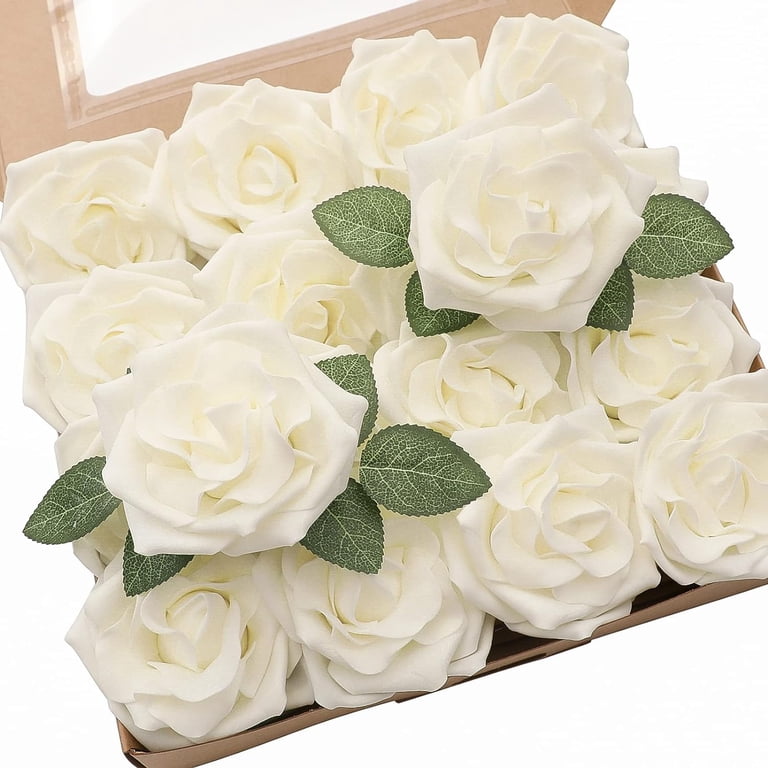 Floroom 50pcs Artificial Foam Roses - Ivory White, 3" Blooms, 8" Stems, With Leaves For DIY