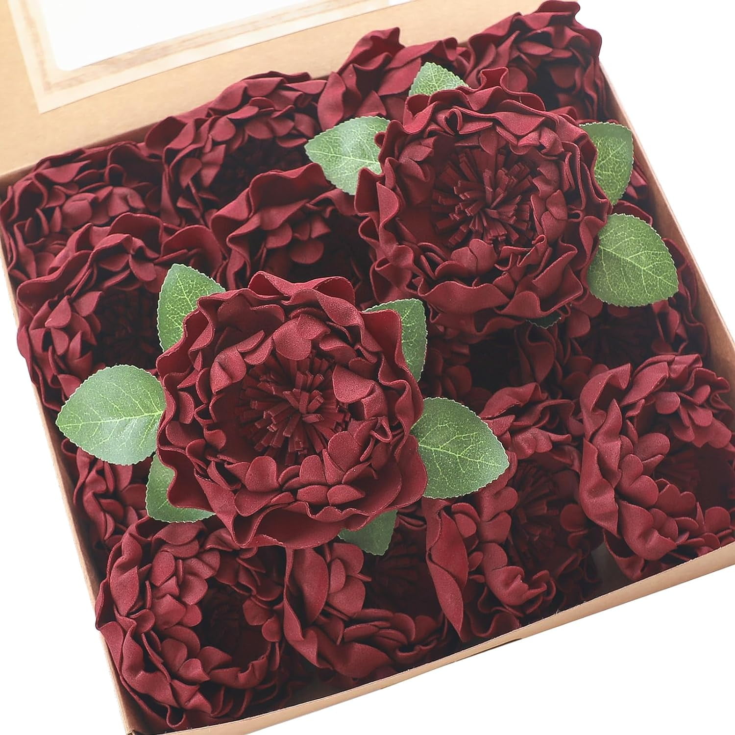 Artificial Flowers 16pcs 4" Burgundy Blooming Peonies Real Looking Foam Fake Roses with Stems for DIY Wedding Bouquet Dark Red Bridal Shower Centerpieces Floral Arrangements Tables Decorations