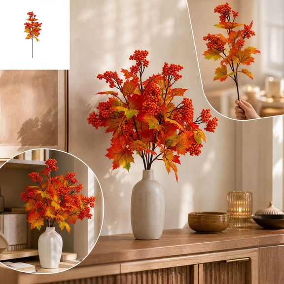 Artificial Flowers 17.72 Inch Fake Maple Leaf Branches with Berries and Fabric Blooms, Faux Fall Floral Stems for Thanksgiving Table Centerpiece Vase Home Decor