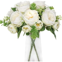 Artificial Flowers 2 Bunches Fake Peony Silk Flowers Arrangements with Eucalyptus Leaves Faux Realistic Bouquet for Wedding Decoration Home Table Centerpiece (Cream White)