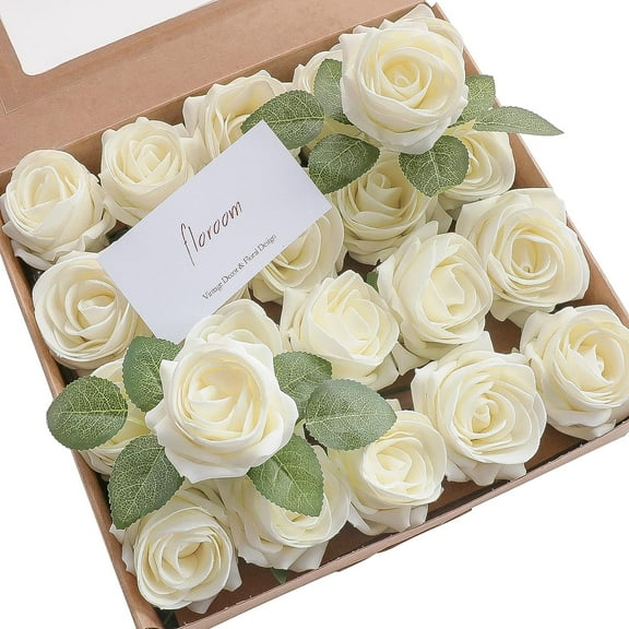 Artificial Flowers 20pcs Real Looking Ivory High-Centered Foam Fake Roses with Stem for DIY Wedding Bouquets Bridal Shower Centerpieces Floral Arrangements Party Tables Home Decorations