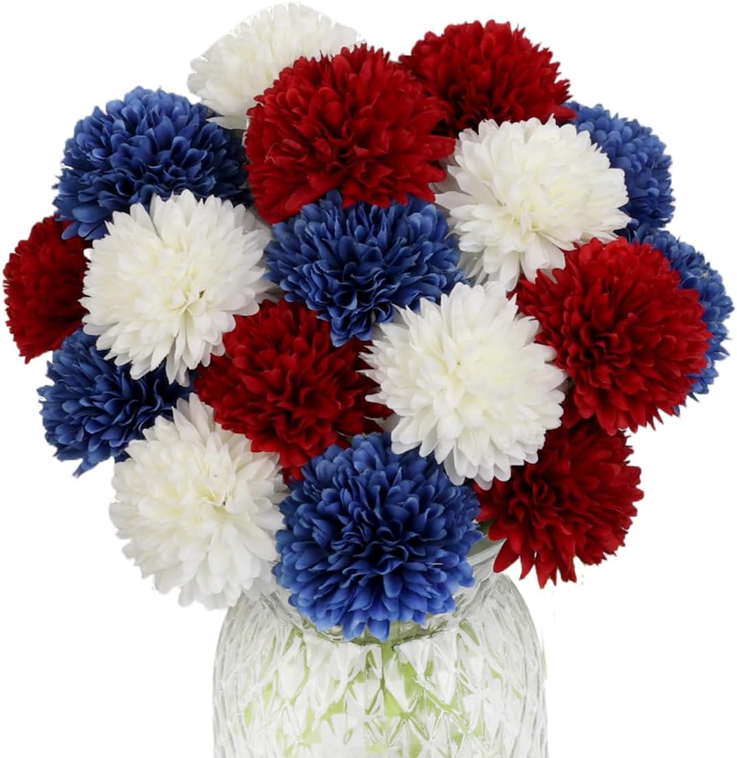 Artificial Flowers 21 Pcs Fake Silk Artificial Chrysanthemum Ball Hydrangea Bridal Wedding Bouquet for Kitchen Home Decor… (Blue.White,Red)