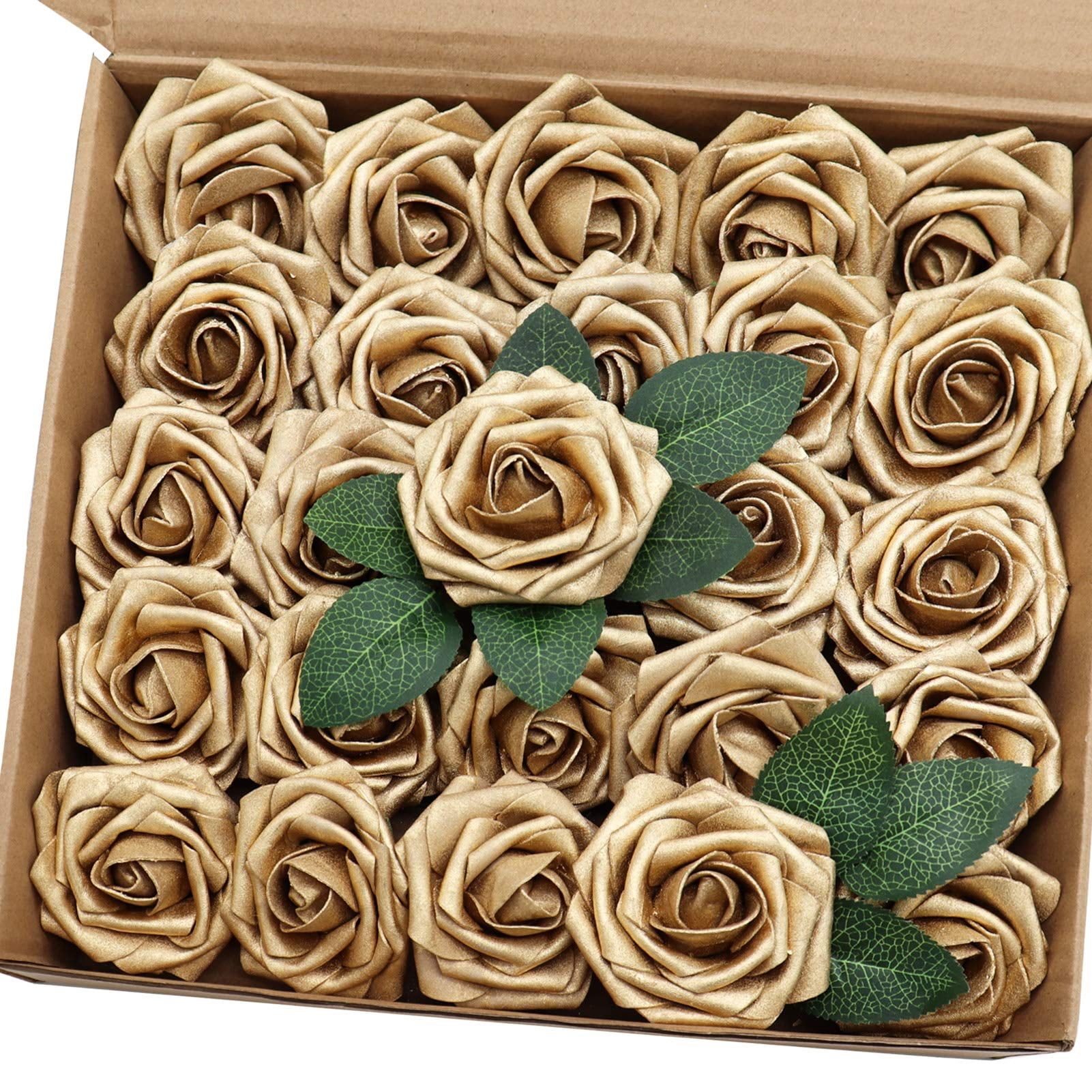 Artificial Flowers 25PCS Real Looking Gold Roses Fake Roses with Stem ...