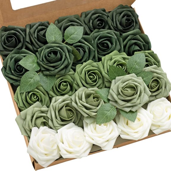 Artificial Flowers, 25Pcs 3" Roses in Emerald Green Shades, Realistic DIY Foam Floral Fill for Wedding Bouquets/Centerpieces, Outdoor Party Backdrops, Room/Table, Garden/Pot Decorations