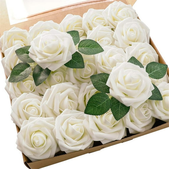 Artificial Flowers 25pcs Ivory Foam Fake Roses with Stems for DIY Wedding Bouquets White Bridal Shower