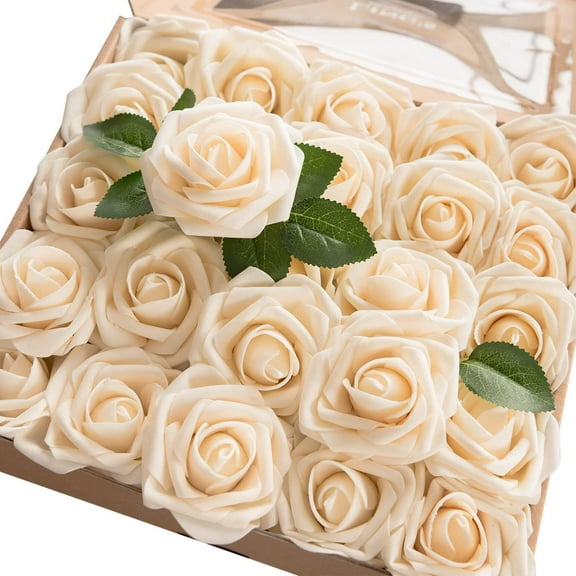Artificial Flowers 25pcs Real Looking Cream Fake Roses w/Stem for DIY Wedding Bouquets for Bride Centerpieces Bridal Shower Party Home Room Decorations