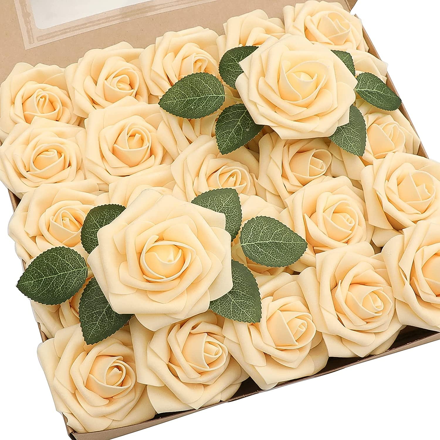 Artificial Flowers 25pcs Real Looking Creamy Yellow Foam Fake Roses