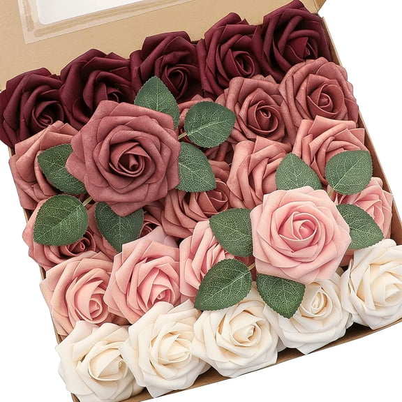 Artificial Flowers 25pcs Real Looking Emerald Green Ombre Colors Foam Fake Roses with Stems for DIY Wedding Bouquets Bridal Shower Centerpieces Sage Green Floral Arrangements Tables Decoration