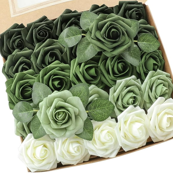 Artificial Flowers 25pcs Real Looking Emerald Green Ombre Colors Foam Fake Roses with Stems for DIY Wedding Bouquets Bridal Shower Centerpieces Sage Green Floral Arrangements Tables Decoration