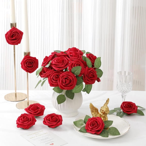 Artificial Flowers 25pcs Real Looking Fake Roses with Stem for DIY Wedding Bouquets Arrangements Party Christmas Tree Decorations.