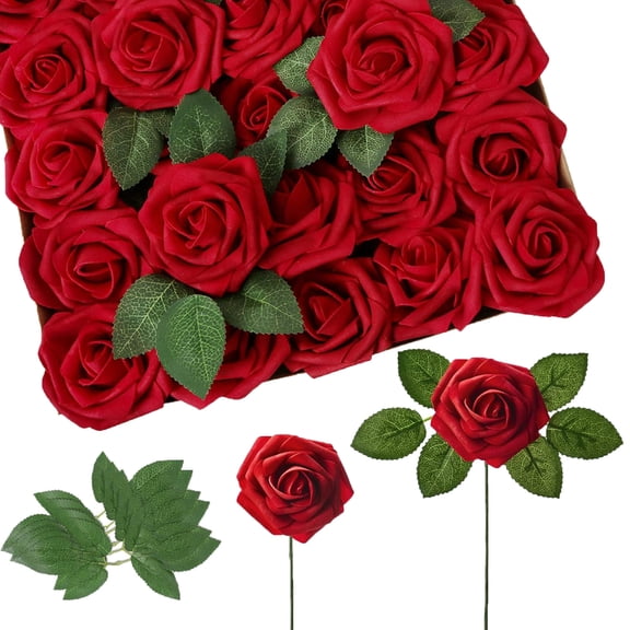 Artificial Flowers 25pcs Real Looking Fake Roses with Stem for DIY Wedding Bouquets Arrangements Party Christmas Tree Decorations.